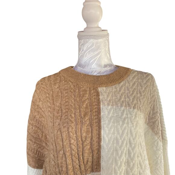 Lands End White Beige Colorblock Cable Knit Oversize Fisherman Sweater Sz Large - Picture 5 of 16